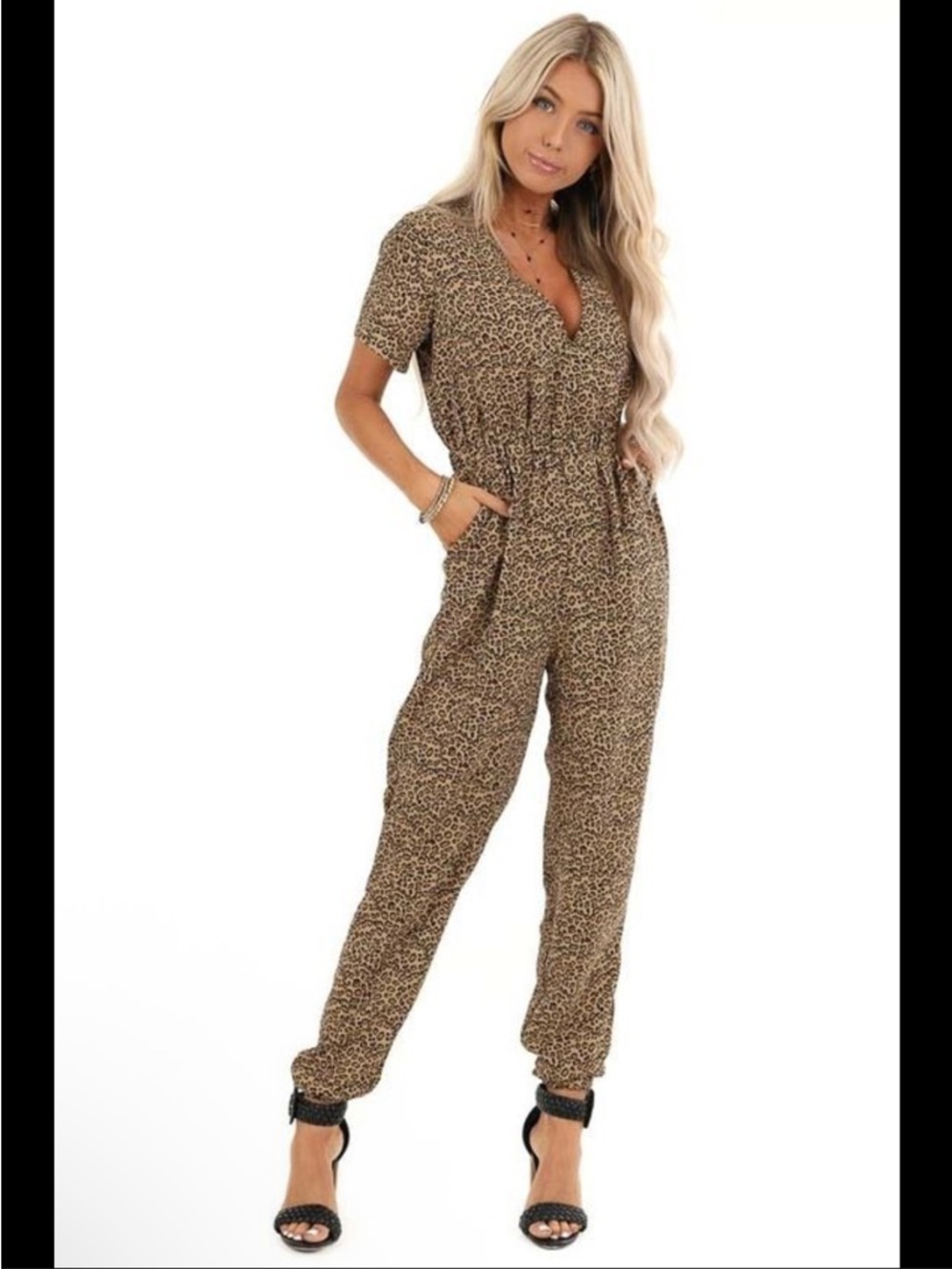 Cozy Casual Tan Leopard Print Short-Sleeve Jumpsuit